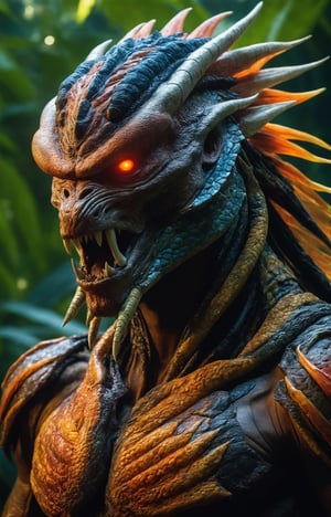 Amidst the dense, otherworldly foliage of a lush extraterrestrial jungle, the fearsome Yautja warrior, known as the Predator, emerges as the apex hunter in a riveting cinematic scene. Towering over the alien landscape, the Predator's hulking, heavily armored physique is cloaked in a mesh of advanced technology and natural camouflage. Its iconic mandibles extend menacingly from its reptilian-like face, revealing the creature's predatory intent. The creature's skin, adorned with tribal scars and hints of shimmering luminescence, adds an air of mystique to its formidable presence. In one hand, the Predator firmly grips a sleek, otherworldly plasma caster, ready to unleash devastating energy at its prey. The jungle canopy above is disturbed by the displacement of air caused by the Predator's cloaked form, creating an eerie distortion of light and shadows. The extraterrestrial atmosphere is palpable as the hunter becomes one with the environment, embodying the perfect blend of stealth, advanced weaponry, and primal instinct that defines this iconic cinematic character., LegendDarkFantasy, 8K, RAW, high quality film grain, photo taken with nikon d85 camera,