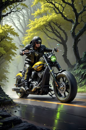Ultra wide photorealistic image. Rider riding a matte black chopper harley davidson V-rod motorcycle. With very thin green-yellow lines in the shade of dark huge trees. Custom design, racing serial number, fast stripes. Old school hot rod dark specter, highway, skull outline. Giant cybernetic abstract, rocky path, black orange, ink flow - 8k photorealistic masterpiece - by Aaron Horkey and Jeremy Mann - detail. liquid gouache: Jean Baptiste Mongue: calligraphy: acrylic: color watercolor, cinematic lighting, maximalist photo illustration: marton Bobzert: 8k concept art, intricately detailed realism, complex, elegant, vast, fantastic and psychedelic, dripping with color, sci-fi, photo r3al,cyborg style,Extremely Realistic