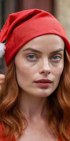 Portrait Photo a portrait, hyperdetailed photography, by Elizabeth Polunin, red haired young woman wearing a Santa Hat, Margot Robbie, brooklyn, looking straight to camera, sweaty, olya bossak, nepal, very accurate photo, suspiria