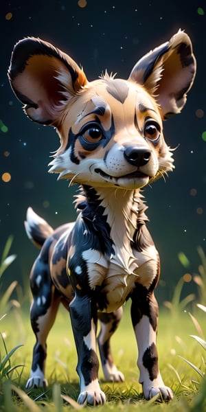 close up angle of, cut bod y, ((),(3d African Wild Dog)) surrounded by grassland,( )  ,animal, detailed focus, deep bokeh, beautiful, , dark cosmic background. Visually delightful , 3D,more detail XL,chibi