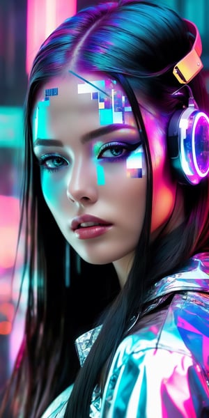 Generate hyper realistic image of a beauty photograph that explores a digital dystopian theme, incorporating glitch effects, holographic overlays, and cyberpunk aesthetics to create a captivating and otherworldly image.