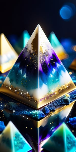close up angle of (( on the 🌱)) , ( Indigo,white, gold,  colour triangle dust) , detailed focus, deep bokeh, beautiful, dreamy colors, dark cosmic background. Visually delightful ,3D,more detail XL 