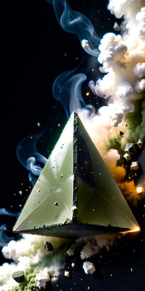 close up angle of (( on the smoke), (Olive Drab, black, white colour triangle dust),()detailed focus, deep bokeh, beautiful, , dark cosmic background. Visually delightful , 3D,ULTIMATE LOGO MAKER [XL],more detail XL