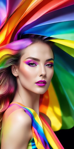 Generate hyper realistic image of a photograph where the model is bathed in a spectrum of rainbow colors, creating a prismatic effect that emphasizes the vibrant and dynamic nature of beauty.
