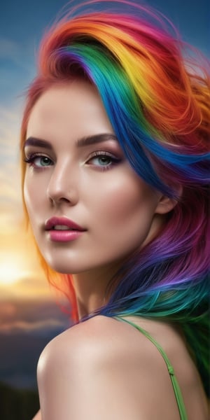Generate hyper realistic image of a photograph where the model is bathed in a spectrum of rainbow colors, creating a prismatic effect that emphasizes the vibrant and dynamic nature of beauty.