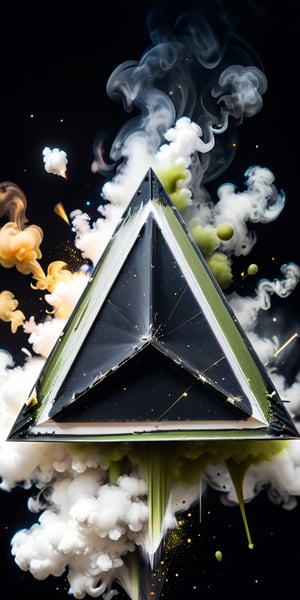 close up angle of (( on the smoke), (Olive Drab, black, white colour triangle dust),()detailed focus, deep bokeh, beautiful, , dark cosmic background. Visually delightful , 3D,ULTIMATE LOGO MAKER [XL],more detail XL