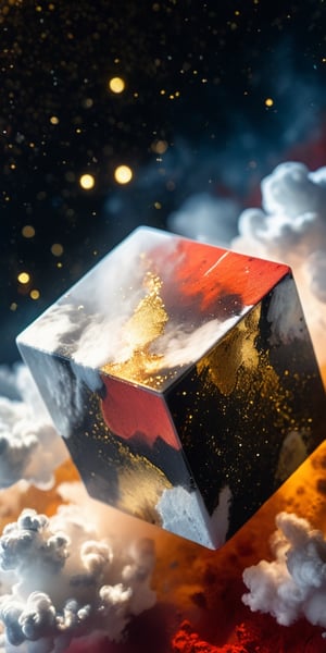close up angle of (( on the cloud), (red, gold, white, black colour cube dust),()detailed focus, deep bokeh, beautiful, , dark cosmic background. Visually delightful , 3D,more detail XL