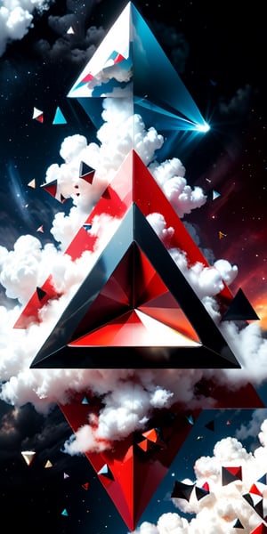 close up angle of (( on the cloud), (Red, black, white colour triangle ),()detailed focus, deep bokeh, beautiful, , dark cosmic background. Visually delightful , 3D,ULTIMATE LOGO MAKER [XL],more detail XL