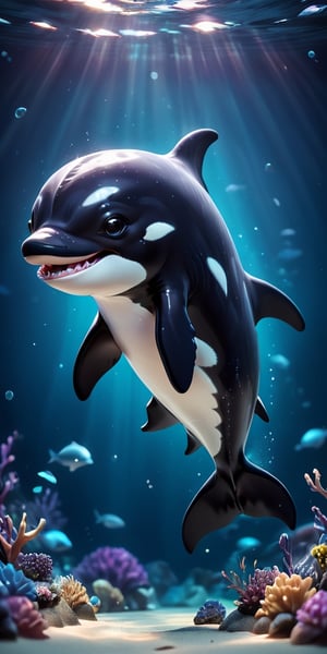 close up angle of, cut body, ((),(3d killer whale )) surrounded by underwater,( )  ,animal, detailed focus, deep bokeh, beautiful, , dark cosmic background. Visually delightful , 3D,more detail XL,chibi