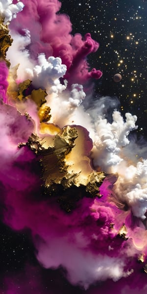 close up angle of (( on the cloud), (Magenta, gold, white, black colour circle dust),()detailed focus, deep bokeh, beautiful, , dark cosmic background. Visually delightful , 3D,more detail XL