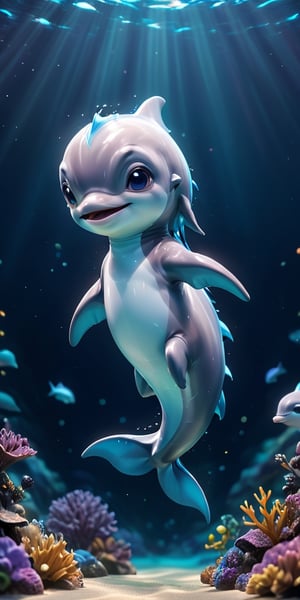 close up angle of, cut body, ((),(3d dolphin )) surrounded by underwater,( )  ,animal, detailed focus, deep bokeh, beautiful, , dark cosmic background. Visually delightful , 3D,more detail XL,chibi