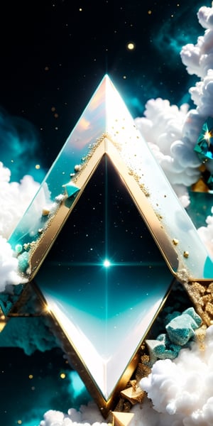 close up angle of (( on the cloud), ((Pearl Aqua,white, gold triangle dust)( ) detailed focus, deep bokeh, beautiful, , dark cosmic background. Visually delightful , 3D,more detail XL