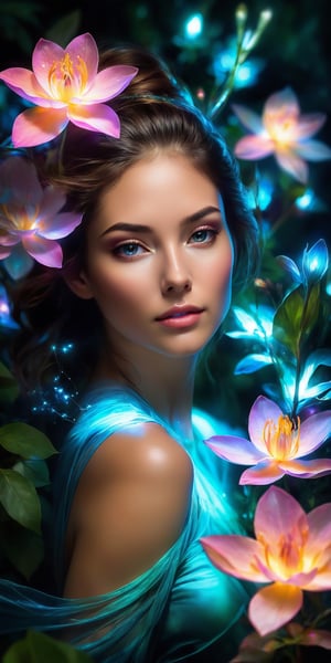 Generate hyper realistic image of the beauty of your subject with bioluminescent blooms. Use low-light conditions to capture the ethereal glow, casting a soft and enchanting radiance on the model, creating a portrait that blends nature's beauty with human grace.