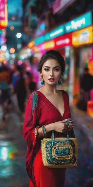 Generate hyper realistic image of a woman as she poses on the bustling streets of a vibrant city, her vibrant attire and confident stride captivating the attention of passersby, her eyes holding a thousand stories waiting to be told.