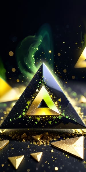 close up angle of (( on the air )), (Lime, black,gold colour triangle dust),()detailed focus, deep bokeh, beautiful, , dark cosmic background. Visually delightful , 3D,ULTIMATE LOGO MAKER [XL],more detail XL