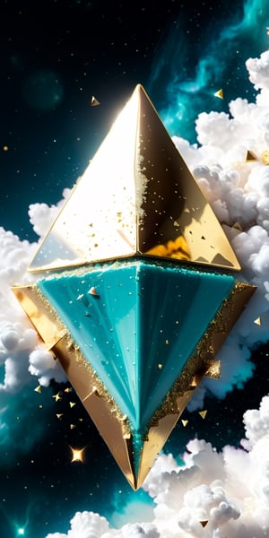 close up angle of (( on the cloud), ((Pearl Aqua,white, gold triangle dust)( ) detailed focus, deep bokeh, beautiful, , dark cosmic background. Visually delightful , 3D,more detail XL