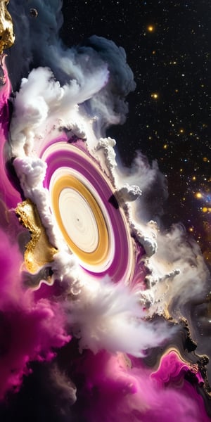 close up angle of (( on the cloud), (Magenta, gold, white, black colour circle dust),()detailed focus, deep bokeh, beautiful, , dark cosmic background. Visually delightful , 3D,more detail XL
