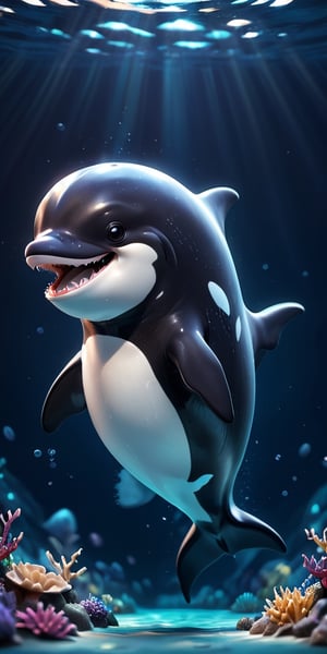 close up angle of, cut body, ((),(3d killer whale )) surrounded by underwater,( )  ,animal, detailed focus, deep bokeh, beautiful, , dark cosmic background. Visually delightful , 3D,more detail XL,chibi