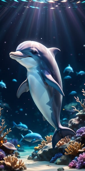 close up angle of, cut body, ((),(3d dolphin )) surrounded by underwater,( )  ,animal, detailed focus, deep bokeh, beautiful, , dark cosmic background. Visually delightful , 3D,more detail XL,chibi