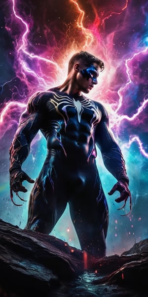 A muscular man with short, messy hair, wearing a venom costume, stands in the middle of a dark, nebula-filled landscape. His body is covered in black bloody veins that grow and intertwine out of the darkness, oozing thick neon rainbow blood. The man's eyes are closed, and he appears to be in a deep, dreamlike state. The scene is lit by a cinematic, film light, bathing in light, with a very sharp focus and high contrast. The background is atmospheric, surreal, and maroon cream bronze, with a high resolution, vibrant, and 8k quality. The man's body is hyper detailed and hyper realistic, with a spiritual and surrealistic feel. The scene is reminiscent of a fighting video game, with dynamic, vibrant, action-packed character design, and a disturbing and surrealistic atmosphere. The man's body is surrounded by sparks, lens flare, rim lighting, backlighting, RTX, and post-processing effects, with a satanic cross in the background. The man's body is floating into the abyssal