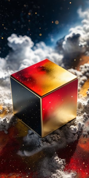 close up angle of (( on the cloud), (red, gold, white, black colour cube dust),()detailed focus, deep bokeh, beautiful, , dark cosmic background. Visually delightful , 3D,more detail XL