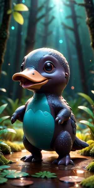 close up angle of, , ((toy),(3d Platypus )) surrounded by forest, animal, detailed focus, deep bokeh, beautiful, , dark cosmic background. Visually delightful , 3D,more detail XL,chibi,