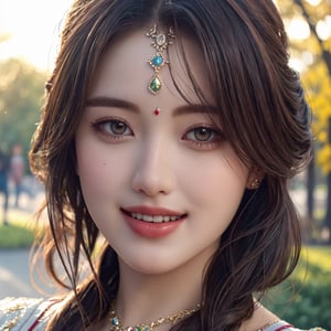 Tamil, Hindu, Best quality, masterpiece, ultra high res, (photorealistic:1.37), raw photo, 1girl, Girl, detailed eyes and face, perfect anatomy. perfect fingers. dynamic lighting, outdoors, walk in the park, Smile