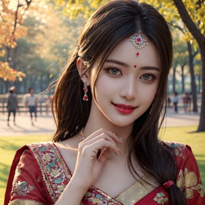 Tamil, Hindu, Best quality, masterpiece, ultra high res, (photorealistic:1.37), raw photo, 1girl, Girl, detailed eyes and face, perfect anatomy. perfect fingers. dynamic lighting, outdoors, walk in the park, Smile