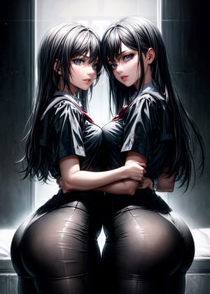 ,((dark theme)),a beautiful lady ((wearing a school uniform)),((schoolgirl)),((1girl)),((long black hair)),makeup,((cute, beautiful, romantic)),((submissive)),((thick, wide hips)),sexy pose, wicked face,((2girls,holding each others waists)),((school at night)),at school,(close-up:0.7),((portrait)), multiple girls, two girls,((2girls, 2 women)), standing, ((girlfriend, flirty, playful)), ((SFW)), ((photorealism, high quality, high detailed face)), ((looking at each other)), thick butt, ,Multiple Girls Group,multiple girls,DararatBoa
