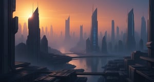 ukyoe style drawing of a futuristic cyberpunk city at sunrise,<lora:659095807385103906:1.0>