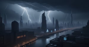 ukyoe style drawing of a futuristic cyberpunk city during a thunderstorm,<lora:659095807385103906:1.0>