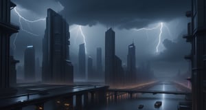 ukyoe style drawing of a futuristic cyberpunk city during a thunderstorm,<lora:659095807385103906:1.0>
