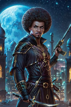 a assassin with afro haircut in the night arabian city