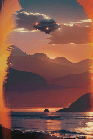 musical tropical vector illustration of sunset on the beach, in the style of Dan Mumford, vintage aesthetics, compositions inspired by nature, dark and gloomy landscapes, tropical landscapes, waves, ocean, orange, pink, blue colors, with UFO and Godzilla