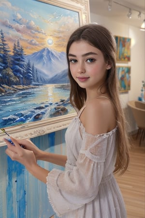 The painting is created using a combination of acrylic and watercolor techniques on a textured canvas. The artist employs a soft, blended approach to capture the luminosity of the moonlight and the girl's ethereal beauty. The brushwork is meticulous, allowing for intricate details in the girl's dress and the surrounding landscape. The final piece is a testament to the artist's skill and ability to convey emotion through art.