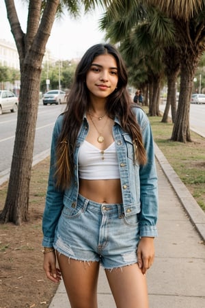  Valentina Díaz (Support), 1girl, 16yo, of multicultural origin with a bohemian style, peaceful and understanding, acts as a mediator in tense situations as the leader of the cultural diversity club. hippie look, standing, looking at viewer, relaxed attitude,