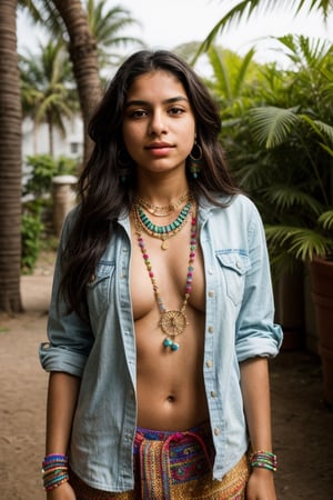  Valentina Díaz (Support), 1girl, 16yo, of multicultural origin with a bohemian style, peaceful and understanding, acts as a mediator in tense situations as the leader of the cultural diversity club. hippie look, colorful necklaces, woven bracelets, standing, looking at viewer, relaxed attitude,sagging breasts