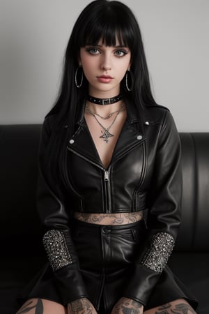 photography of a 20yo goth girl, black hair, many face piercings, long straight hair with bangs, A cup boobs, tattooed, necklace, mouth with piercing, septum piercing, cat eyeliner, light-pink lipstick, small lips, sensual eyes, perfect eyes, brown eyes, sensual look, diamond face shape, smooth skin, perfect proportions, detailed face, detailed nose, black leather jacket, black leather skirt, leather top, leather collar, jewelry, earrings, leather clothing, posing couch, masterpiece, photorealistic, analog, realism, ray tracing,
