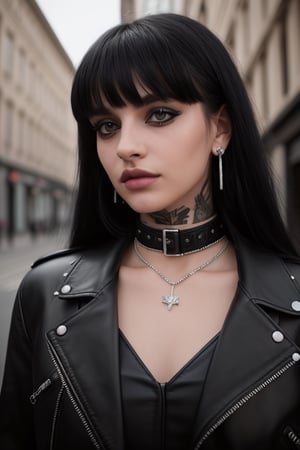 photography of a 20yo goth girl, black hair, many face piercings, long straight hair with bangs, A cup boobs, tattooed, necklace, mouth with piercing, septum piercing, cat eyeliner, light-pink lipstick, small lips, sensual eyes, perfect eyes, brown eyes, sensual look, diamond face shape, smooth skin, perfect proportions, detailed face, detailed nose, black leather jacket, black leather skirt, leather top, leather collar, jewelry, earrings, leather clothing, walking on street, masterpiece, photorealistic, analog, realism, ray tracing,