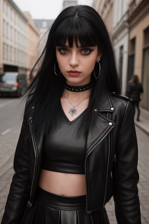 photography of a 20yo goth girl, black hair, many face piercings, long straight hair with bangs, A cup boobs, tattooed, necklace, mouth with piercing, septum piercing, cat eyeliner, light-pink lipstick, small lips, sensual eyes, perfect eyes, brown eyes, sensual look, diamond face shape, smooth skin, perfect proportions, detailed face, detailed nose, black leather jacket, black leather skirt, leather top, leather collar, jewelry, earrings, leather clothing, walking on street, masterpiece, photorealistic, analog, realism, ray tracing,