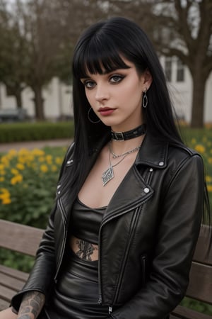 photography of a 20yo goth girl, black hair, many face piercings, long straight hair with bangs, A cup boobs, tattooed, necklace, mouth with piercing, septum piercing, cat eyeliner, light-pink lipstick, small lips, sensual eyes, perfect eyes, brown eyes, sensual look, diamond face shape, smooth skin, perfect proportions, detailed face, detailed nose, black leather jacket, black leather skirt, leather top, leather collar, jewelry, earrings, leather clothing, sitting on a bench in the garden at blizzard, masterpiece, photorealistic, analog, realism, ray tracing,