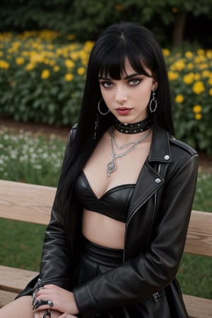 photography of a 20yo goth girl, black hair, many face piercings, long straight hair with bangs, A cup boobs, tattooed, necklace, mouth with piercing, septum piercing, cat eyeliner, light-pink lipstick, small lips, sensual eyes, perfect eyes, brown eyes, sensual look, diamond face shape, smooth skin, perfect proportions, detailed face, detailed nose, black leather jacket, black leather skirt, leather top, leather collar, jewelry, earrings, leather clothing, sitting on a bench in the garden at snowfall, masterpiece, photorealistic, analog, realism, ray tracing,
