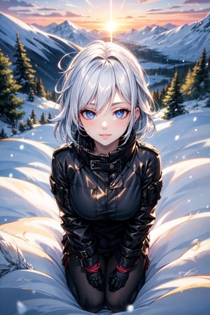 ((full body)), from above, masterpiece,best quality,High definition, high resolution ,1girl, a 25yo woman in a ((full winter suit)), white hair, short hair, shy smile. calm look, hair movement, snow particles, sunset, mountain, snow, winter gloves,1 girl, winter hat, detailed eyes, detailed face, detailed lips, down on  knees
