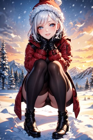 ((full body)), masterpiece,best quality,High definition, high resolution ,1girl, a 25yo woman in a ((full winter suit)), white hair, short hair, shy smile. calm look, hair movement, snow particles, sunset, mountain, snow, winter gloves,1 girl, winter hat, detailed eyes, detailed face, detailed lips, down on  knees
