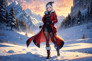 (((alone:1.2,solo:1.2)),((full body)), masterpiece,best quality,High definition, high resolution ,1girl, a 25yo woman in a ((full winter suit)), white hair, short hair, shy smile. calm look, hair movement, snow particles, sunset, mountain, snow, winter gloves,1 girl, winter hat, detailed eyes, detailed face, detailed lips, model pose