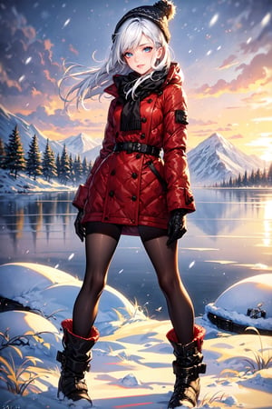 (((alone:1.2,solo:1.2)),((full body)), masterpiece,best quality,High definition, high resolution ,1girl, a 25yo woman in a ((full winter suit)), white hair, short hair, shy smile. calm look, hair movement, snow particles, sunset, mountain, snow, winter gloves,1 girl, winter hat, detailed eyes, detailed face, detailed lips, model pose