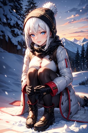 ((full body)), masterpiece,best quality,High definition, high resolution ,1girl, a 25yo woman in a ((full winter suit)), white hair, short hair, shy smile. calm look, hair movement, snow particles, sunset, mountain, snow, winter gloves,1 girl, winter hat, detailed eyes, detailed face, detailed lips, down on  knees
