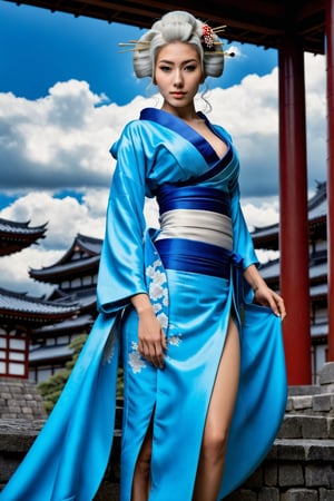 Extremely Realistic. An insanely beautiful japanese woman. beautiful and very sexy,white hair, ((dressed like a japanese geisha)) wears very elegant blues attire with 3d effect of waves and clouds in the sky, (has a toned body, long legs) and ((wide hips)), ((big and toned buttocks)). ((It is located in a japanese castle)), daylight ((back photo, looking to the camara, from bellow, full body)),Android geisha,Extremely Realistic,more saturation ,photo r3al,ukiyo_e