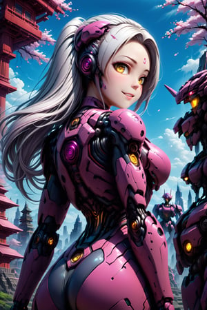 masterpiece, best quality, 1girl, yellow eyes, Beautiful face, delicate eyes, smile, long hair, white hair, tree, stairs, standing, sky, cherry blossoms, temple, looking at viewer, upper body, from below, looking back, ((Mecha)), young girl, Cyberpunk, CyberMechaGirl,niji5,cyborg style