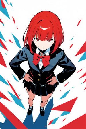 (((manga cover))), wide shot, full body:1.1, 1girl, solo, negative space, (simple white background, standing), cinematic angle, side angle, from above:1, a girl in a school uniform, cute, red hair, bob cut, black pleated skirt, black blazer, red bow in hair, simple, facing viewer, manga illustration style, hand on hip, bangs, staring blankly at the camera, half-closed eyes, arms on hips, confident pose